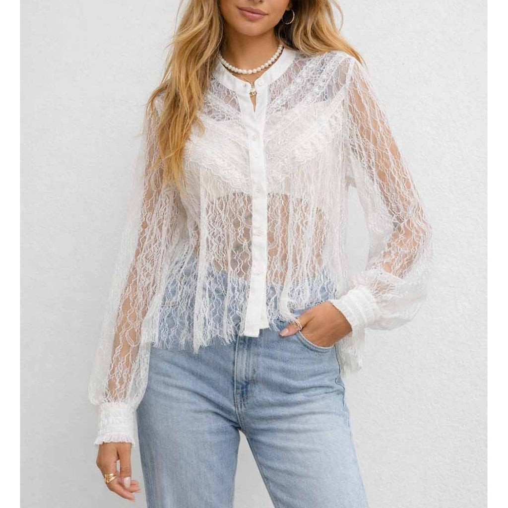 Sheer Lace Round Neck Button Long Sleeves Boho Blouse