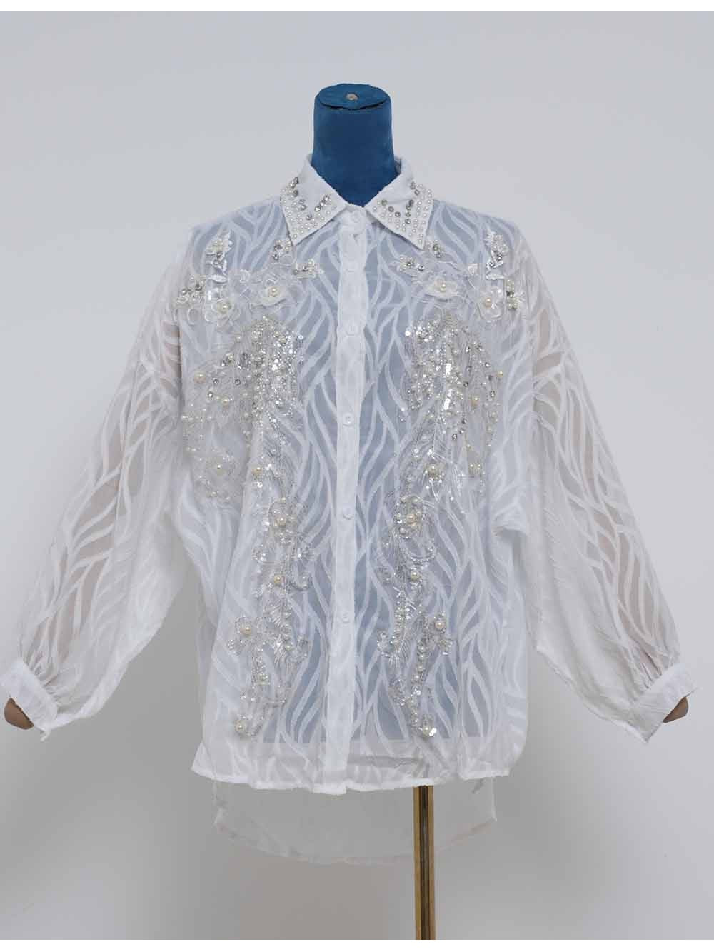 Chic Bead Shirt Collar Lantern Sleeves Jacquard Blouse