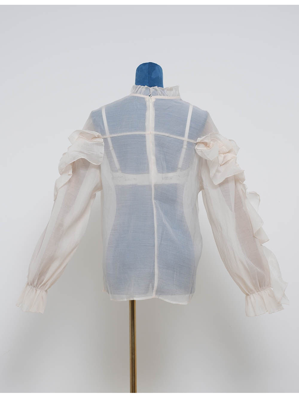 Chic D Irregular Ruffle Sheer Stand Neck Blouse