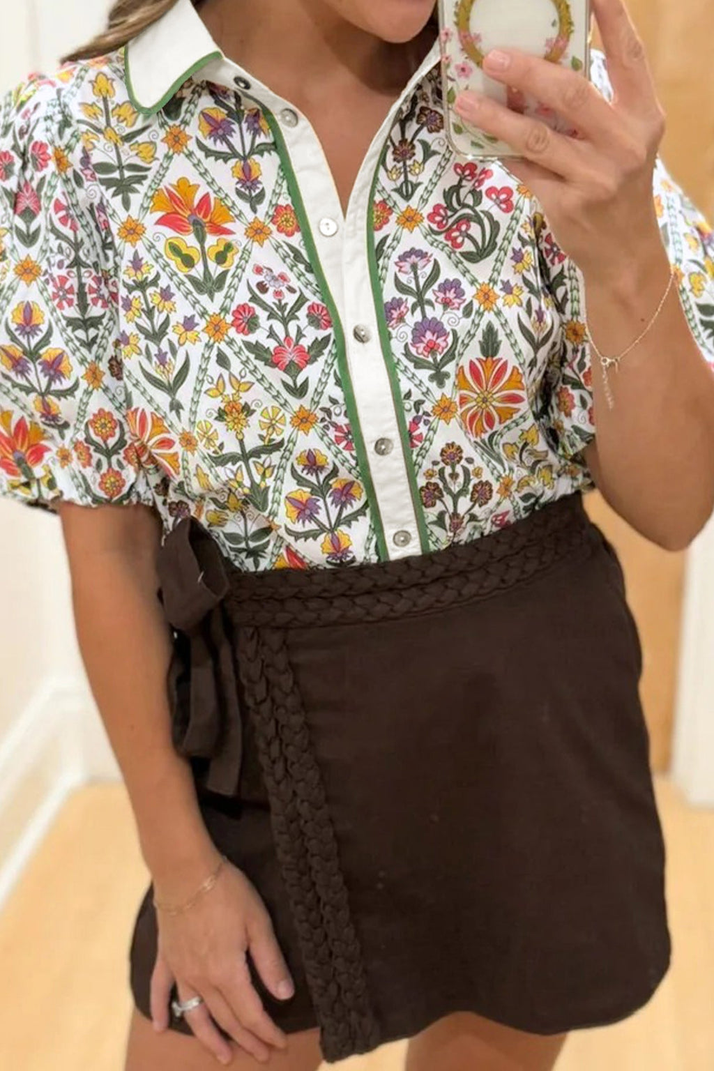 Green Short Bubble Sleeve Floral Shirt
