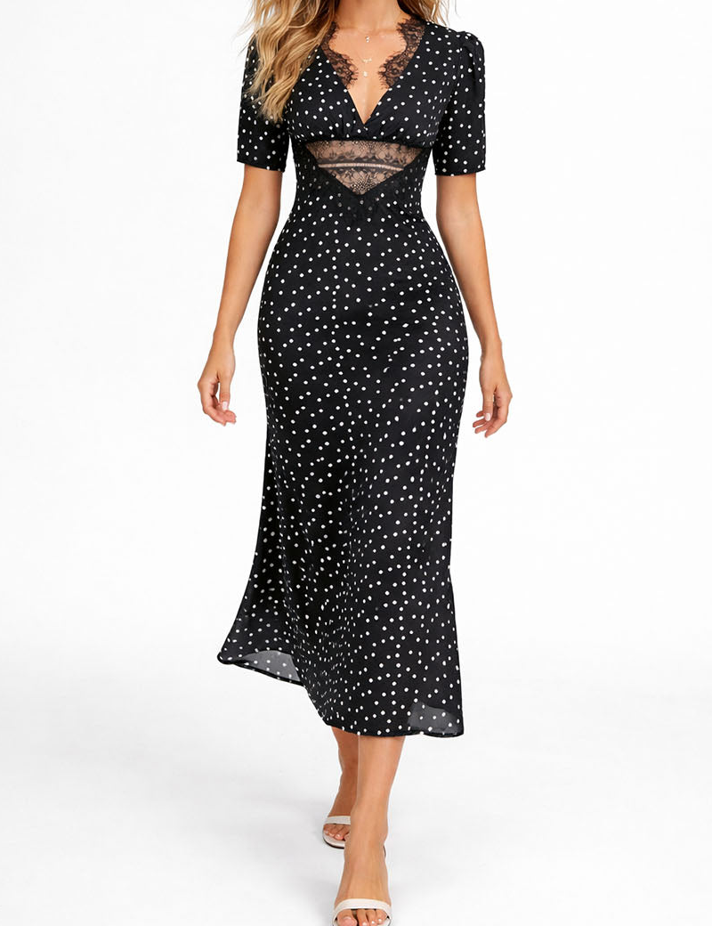 Chic Polka Dot Lace Trim V Neck Short Sleeves Maxi Dress