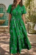 Floral Print Split Neck Shirred High Waist Ruffle Hem Playful