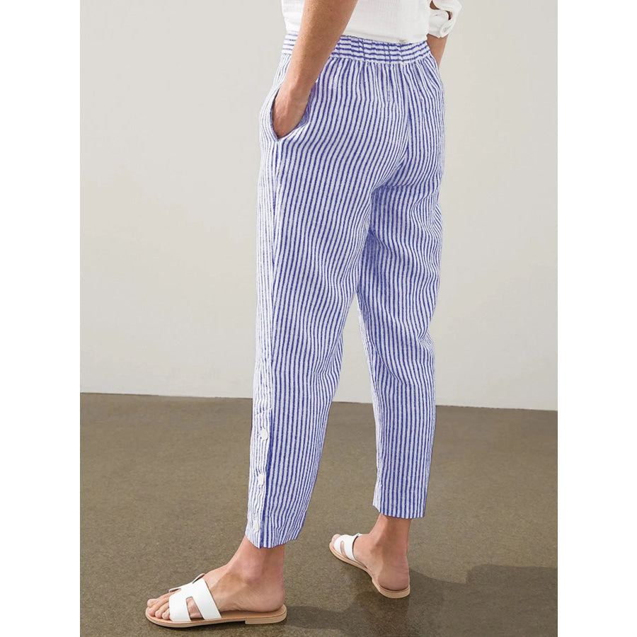 Full Size Striped Side Button Detail Pants Plus Size
