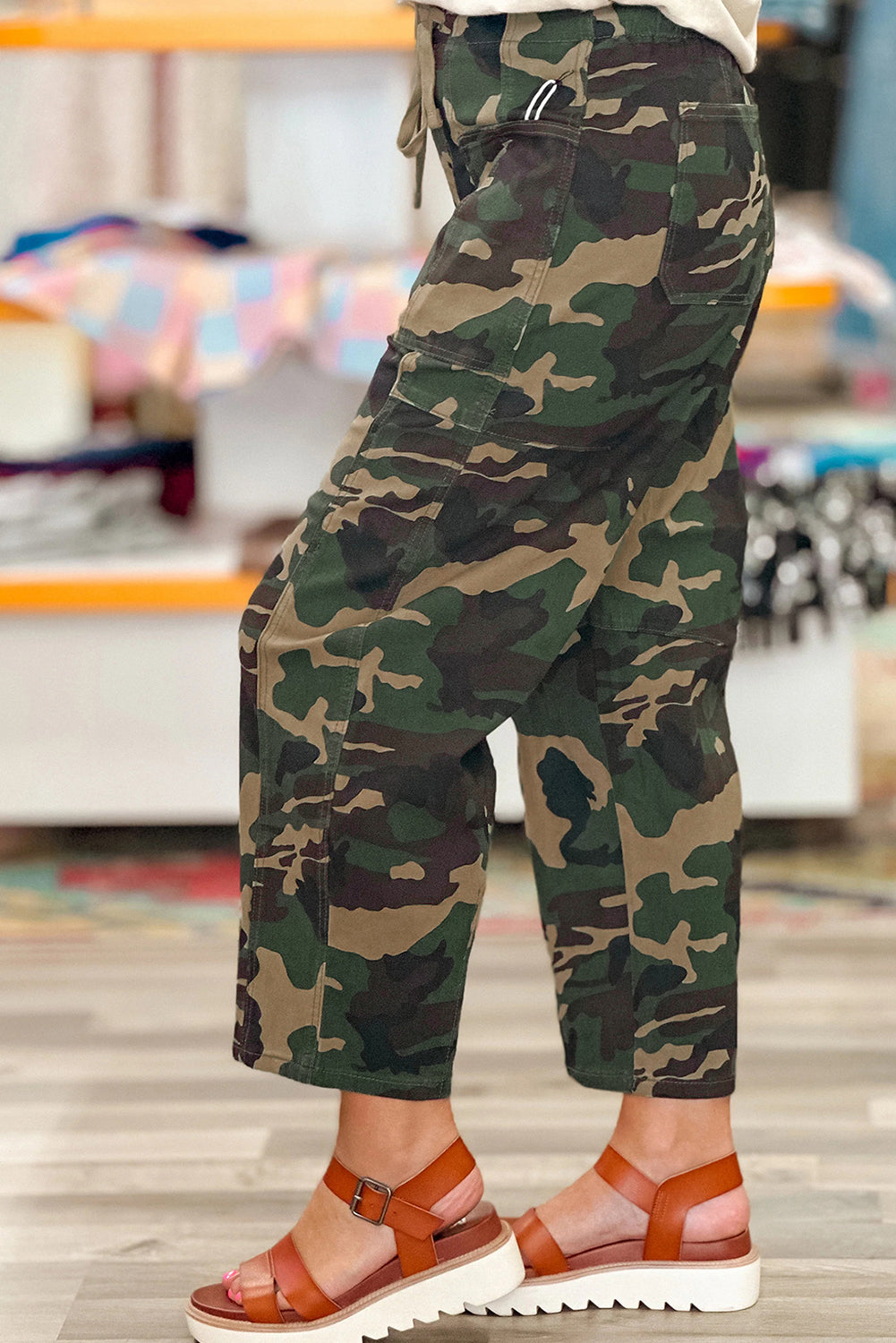 Barrel Drawstring Patch Pocket Print Camouflage Jeans