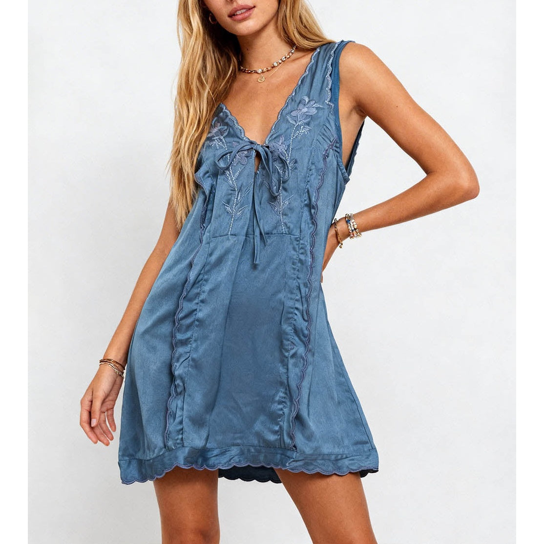 Scalloped Trim Embroidery V Neck Sleeveless Tank Mini Dress
