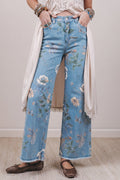 Frayed Floral Print Retro Hem Shift Jeans