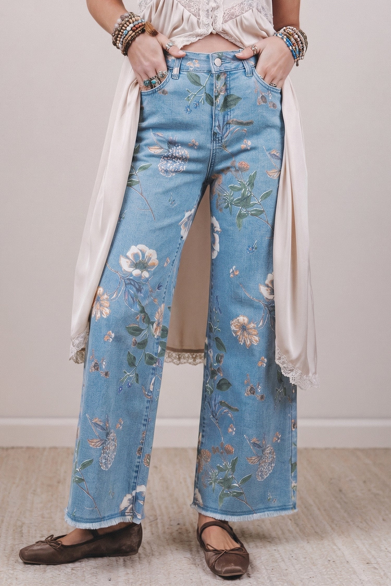 Frayed Floral Print Retro Hem Shift Jeans