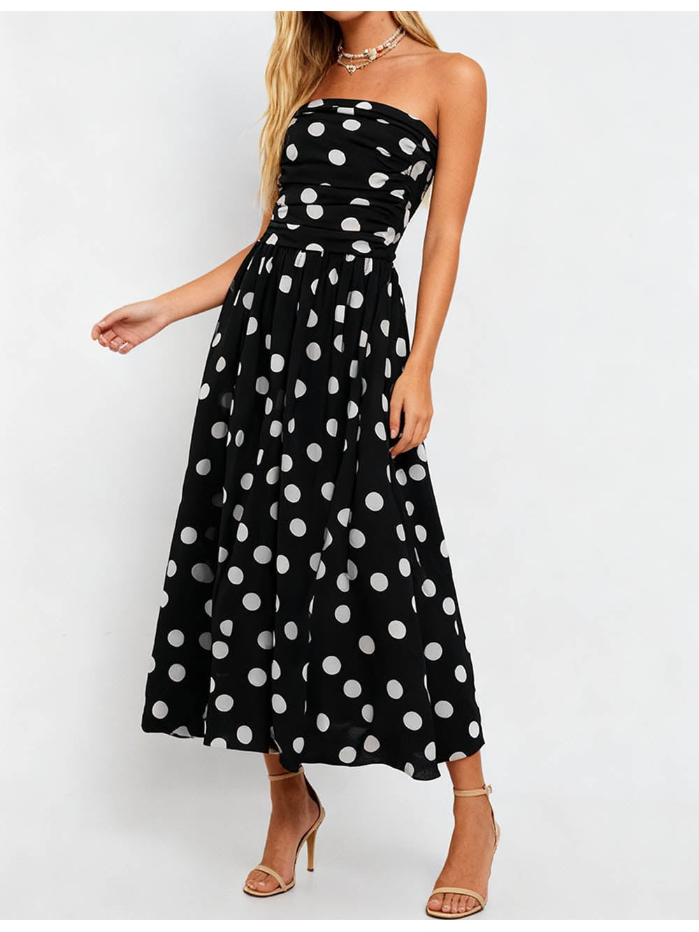 Strapless Polka Dot Smocked Sleeveless Maxi Dress