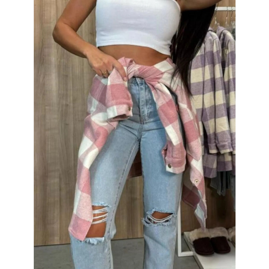 Classic Plaid Button Down Long Sleeve Shacket Jacket