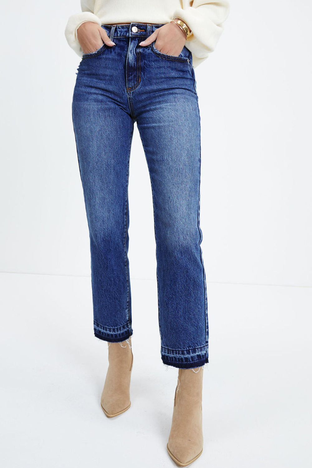 Raw Hem Cropped Whiskered Jeans