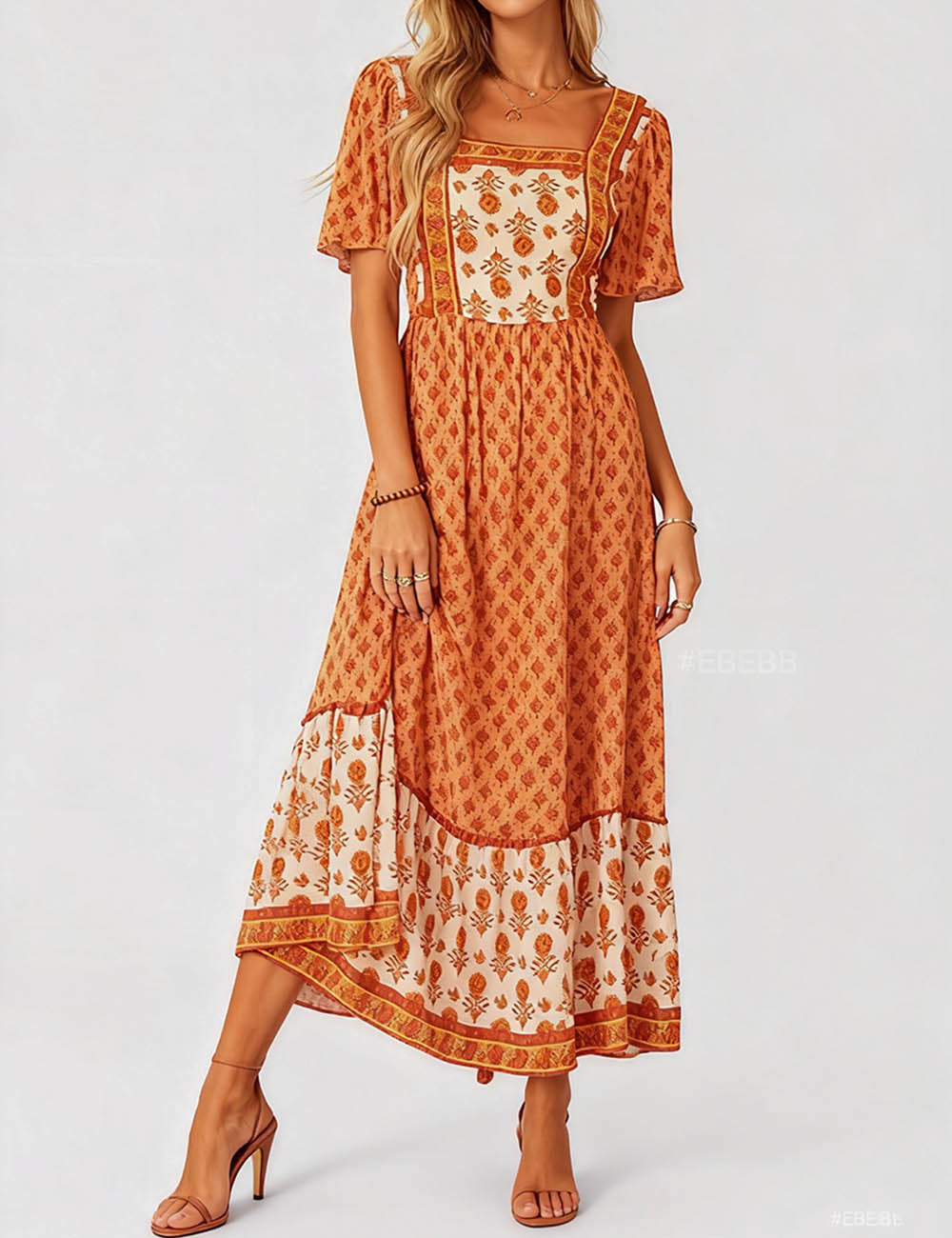 Boho Square Neck Short Sleeves Maxi Dress