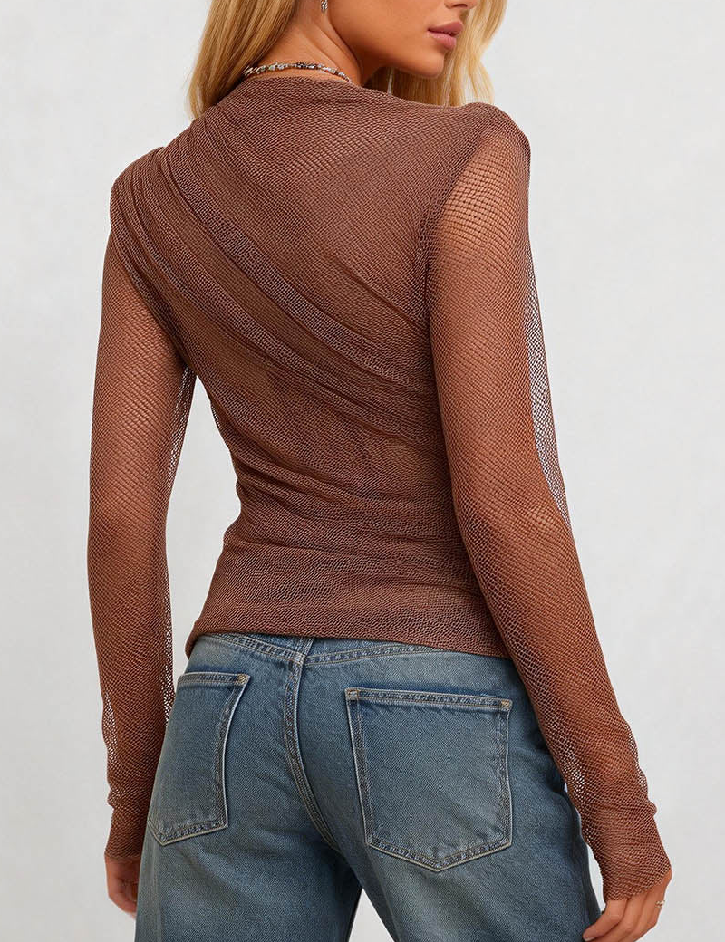 Mock Neck Fishnet Mesh Sheer Long Sleeves Bodysuit
