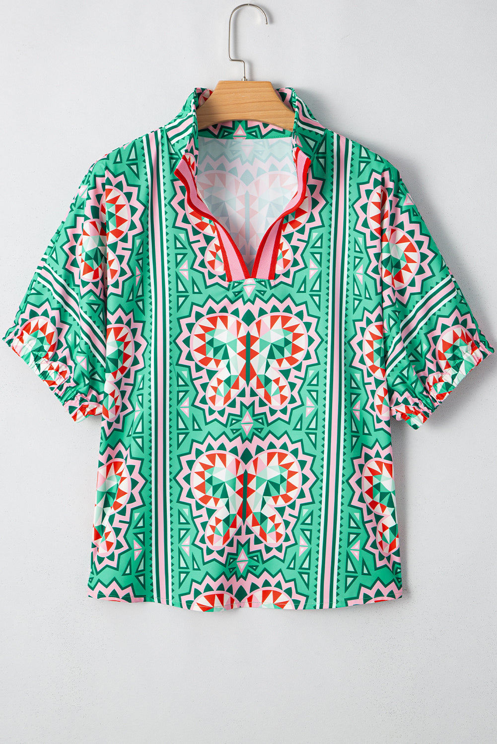 Sea Green Boho Abstract Print Contrast Striped Collared V Neck Blouse
