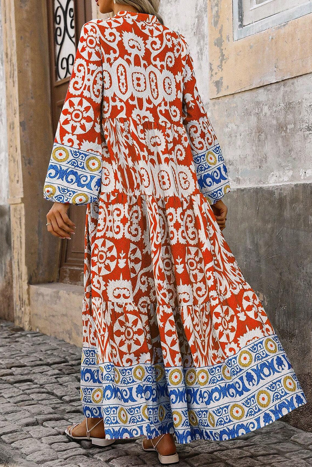 Boho Geometric Printed Long Sleeve Maxi Dress