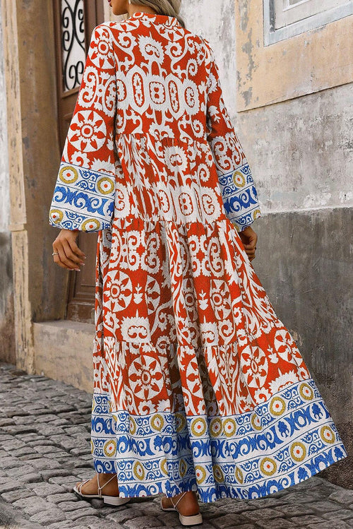 Boho Geometric Printed Long Sleeve Maxi Dress