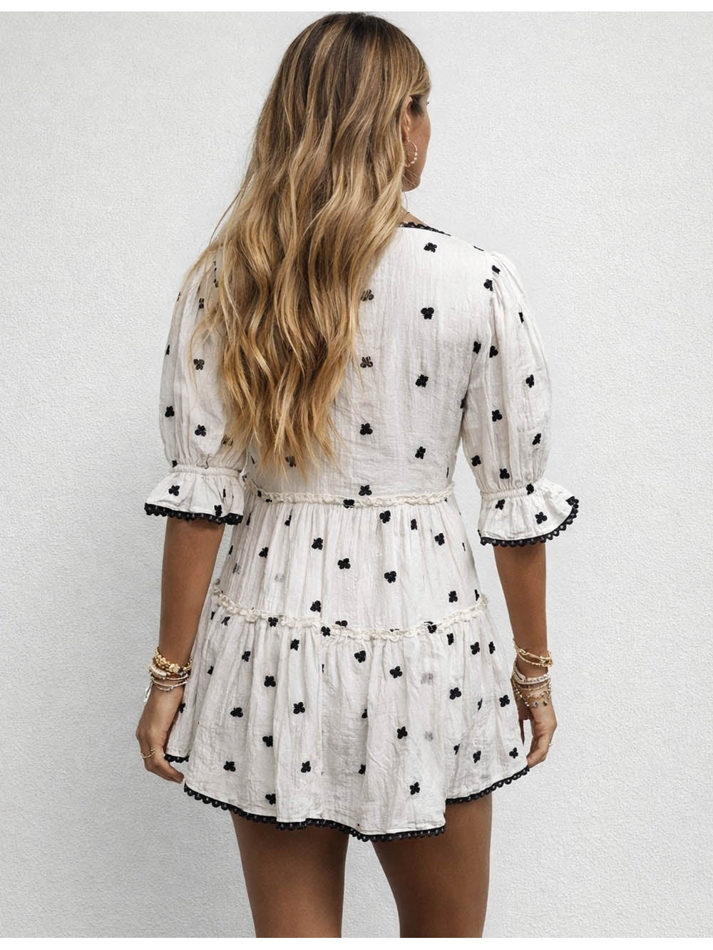 Boho Embroidery Front Tiered Hem Mini Dress
