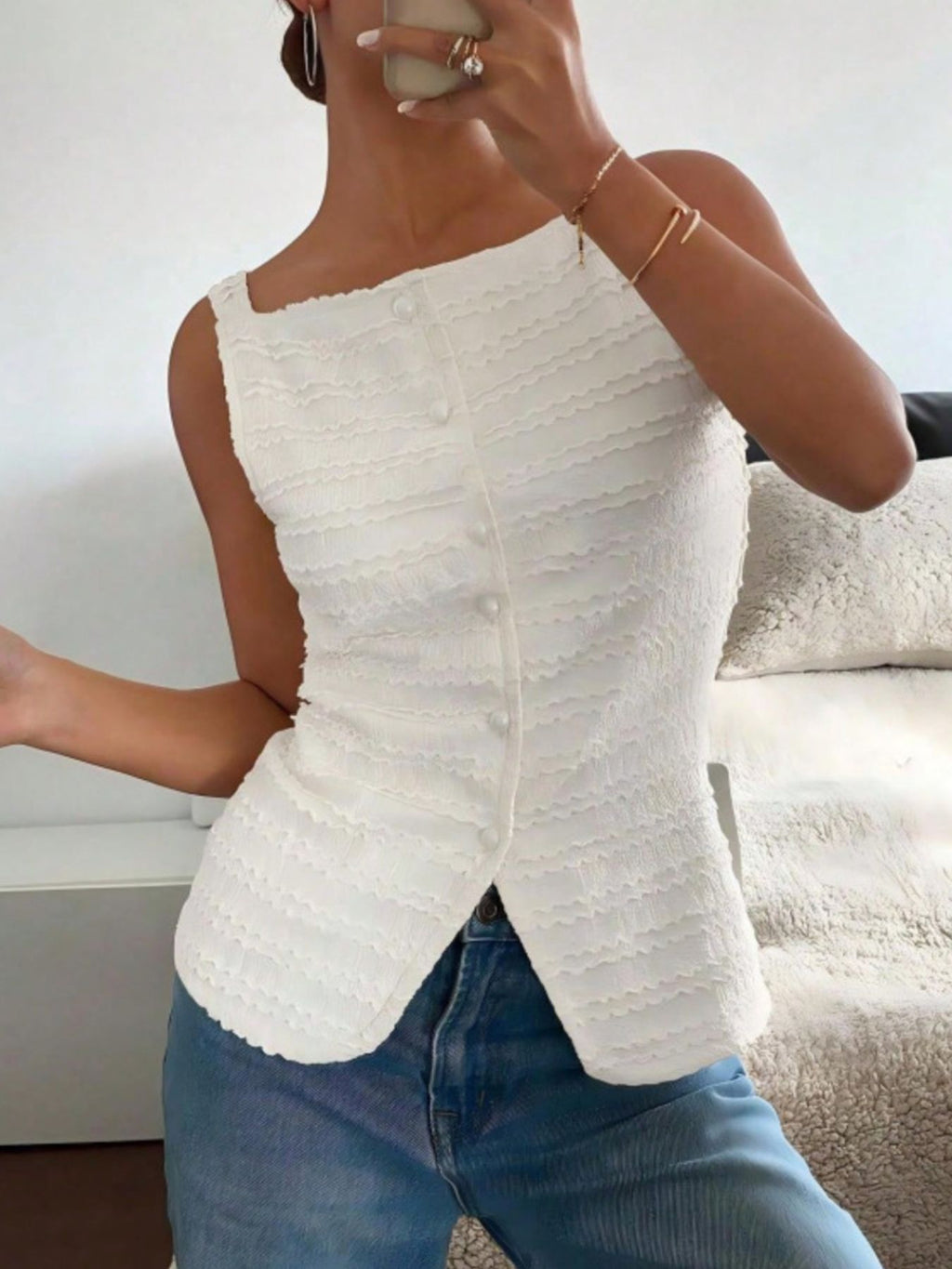 Textured Button Front Tank