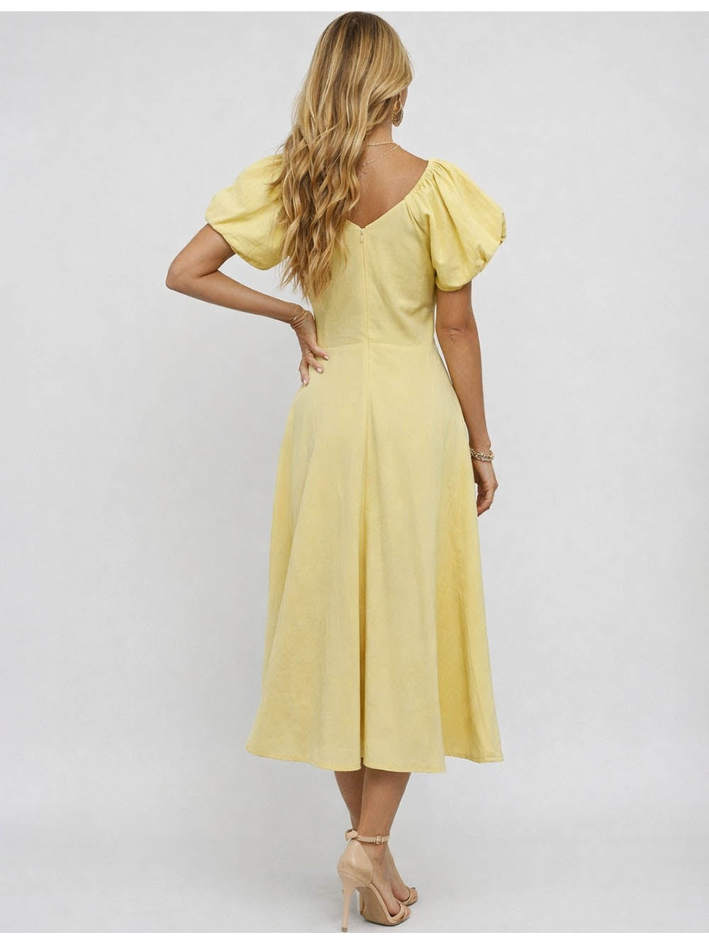 Chic Bow Neck Puff Sleeves Solid Color Midi Dress