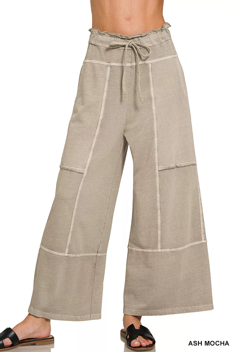 French Terry Washed Exposed Seam Wide Leg Pants