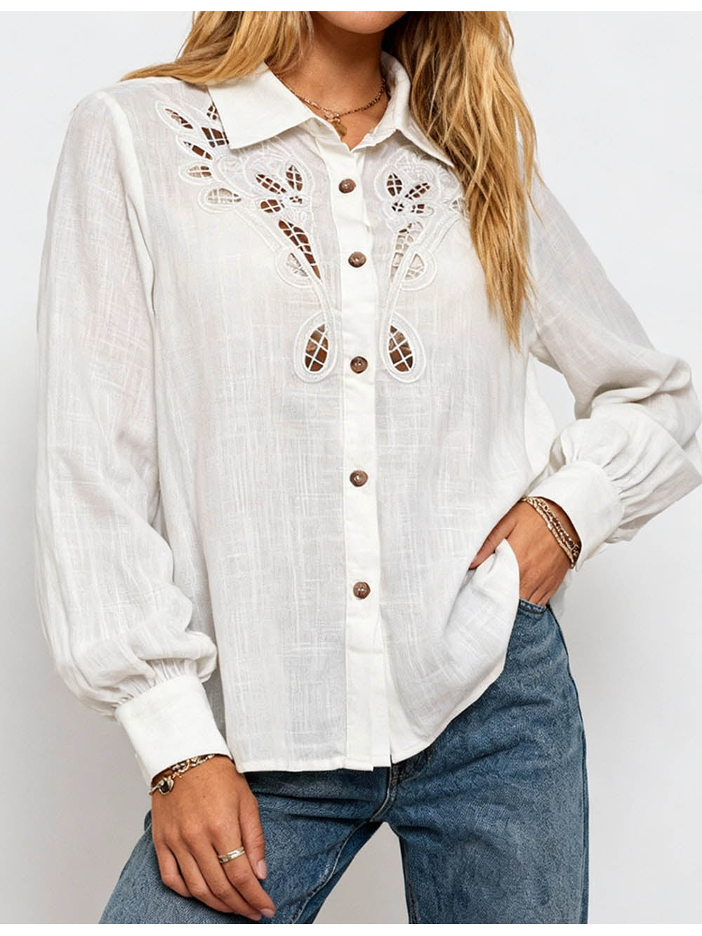Boho Hollow Out Embroidery Shirt Collar Button Down Blouse
