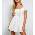 Romantic Eyelet Waist Puff Sleeves Mini Dress