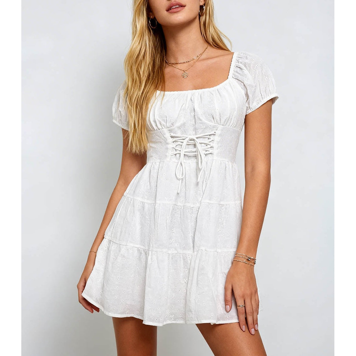 Romantic Eyelet Waist Puff Sleeves Mini Dress