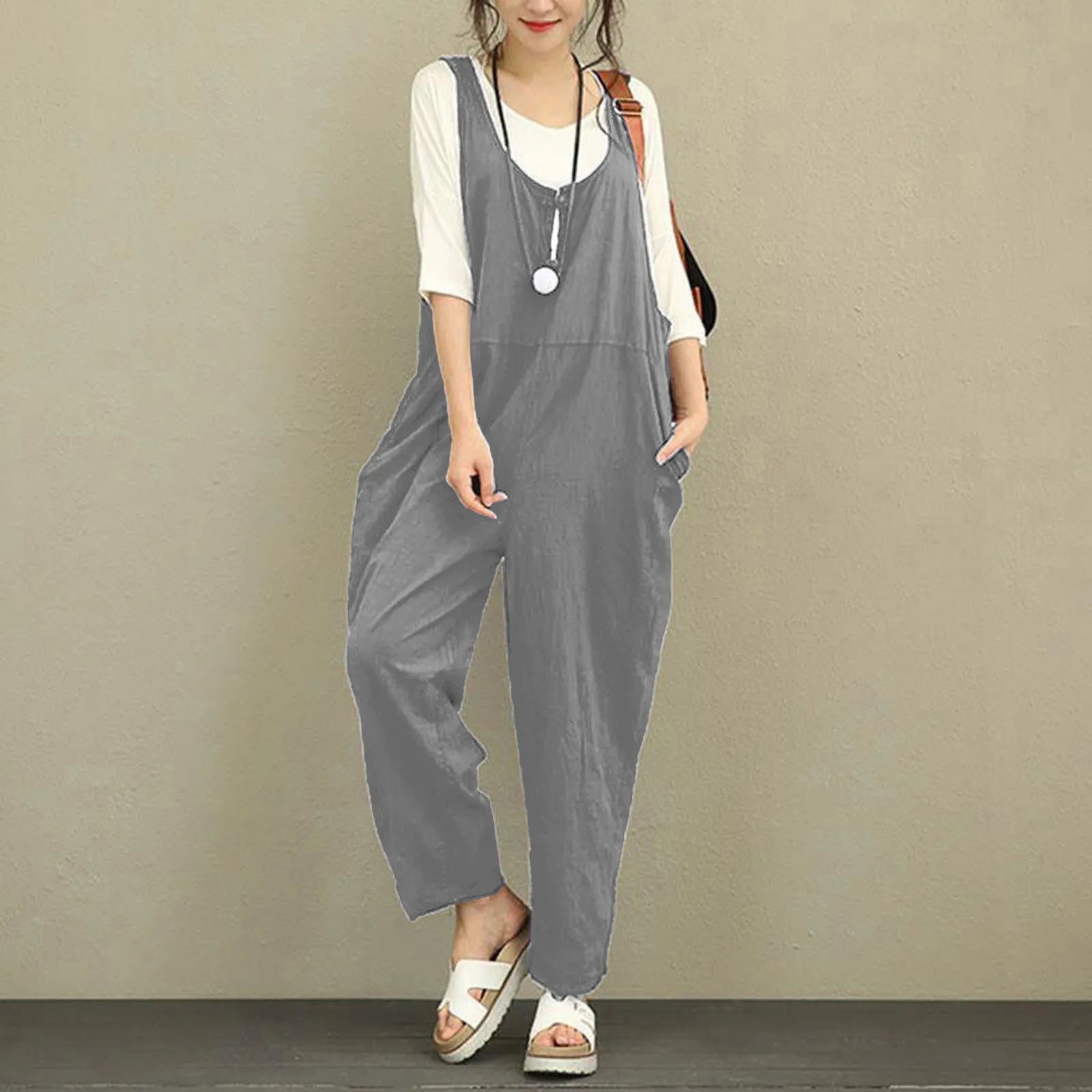 Boho Comfort Wide-Leg Suspender Cotton Jumpsuit