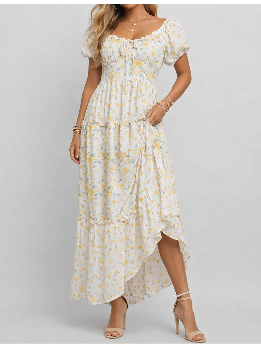 Sweetheart Neck Puff Sleeves Maxi Dress