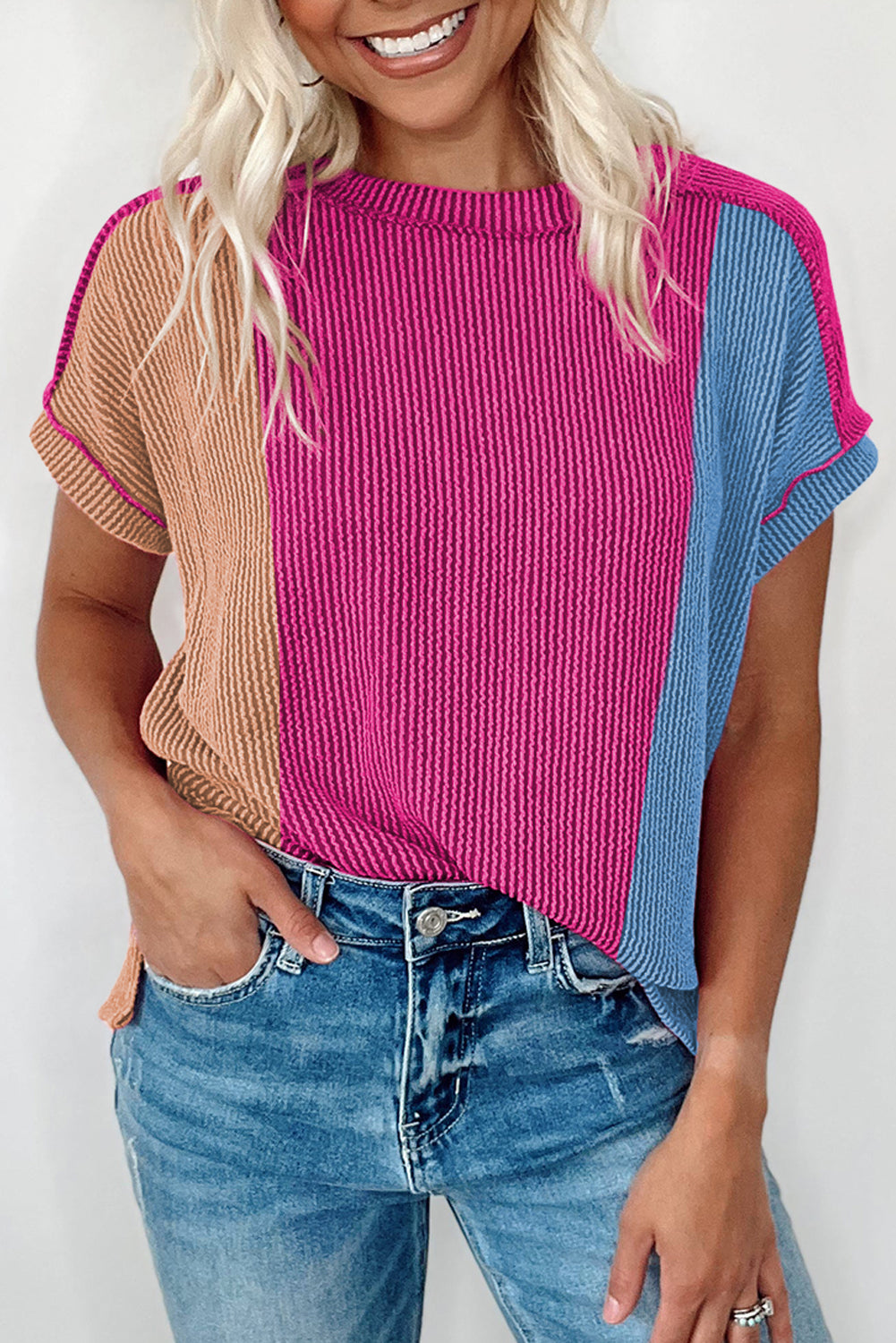 Rose Red Textured Colorblock Crew