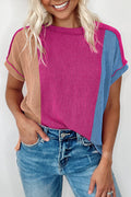 Rose Red Textured Colorblock Crew