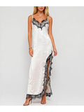 V Neck Lace Trim Spaghetti Strap Satin Maxi Dress
