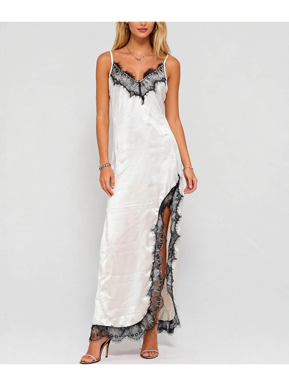 V Neck Lace Trim Spaghetti Strap Satin Maxi Dress
