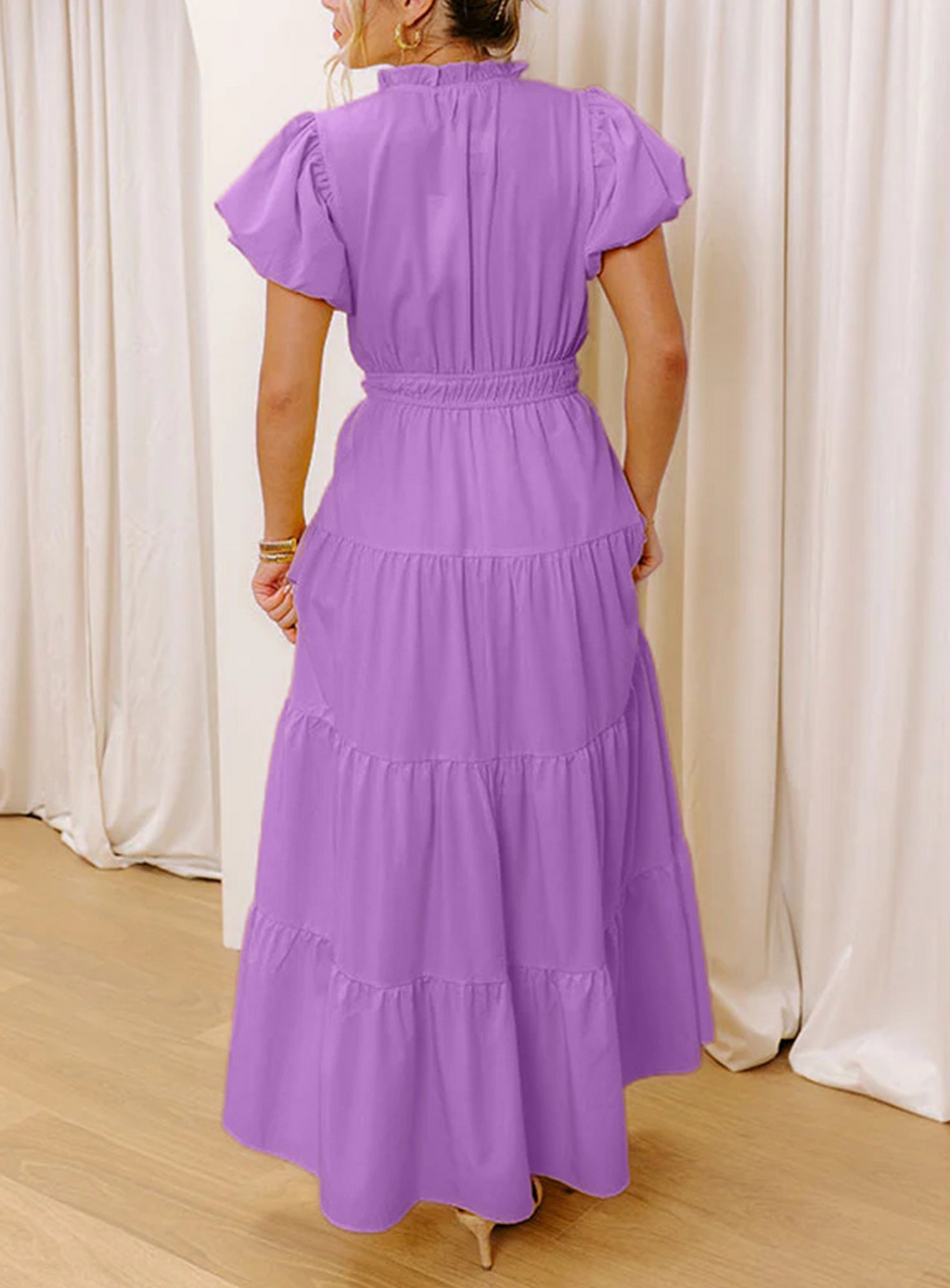 Lavendula Solid Color V Neck Short Puff Sleeve High