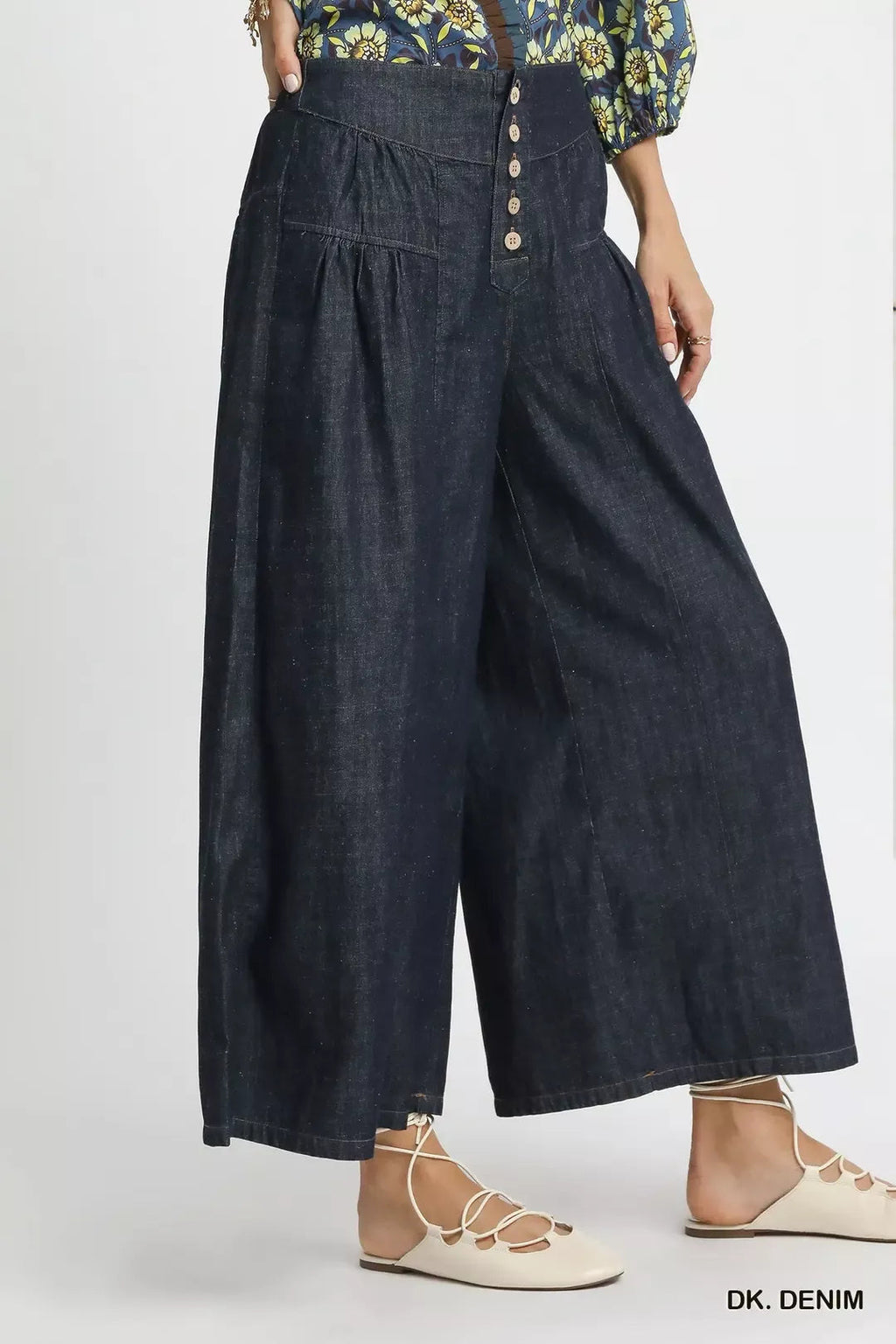 Stone Washed Wide Leg Button Front Culottes Apparel
