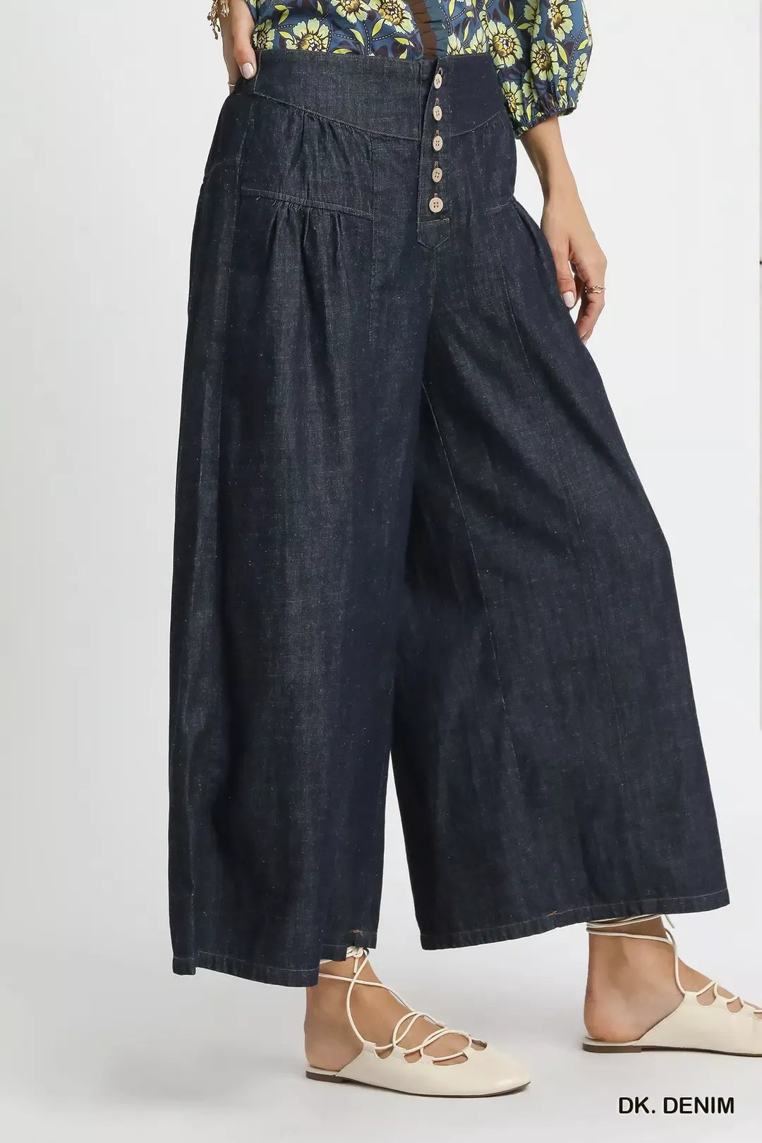 Stone Washed Wide Leg Button Front Culottes Apparel