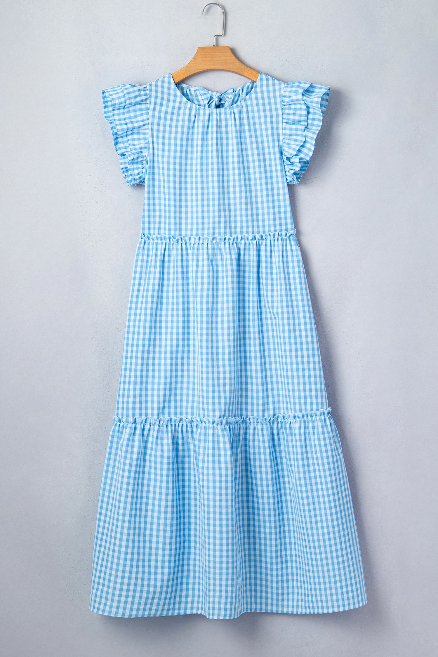 Sky Knot Back Ruffled Short Sleeve Gingham Maxi Dress
