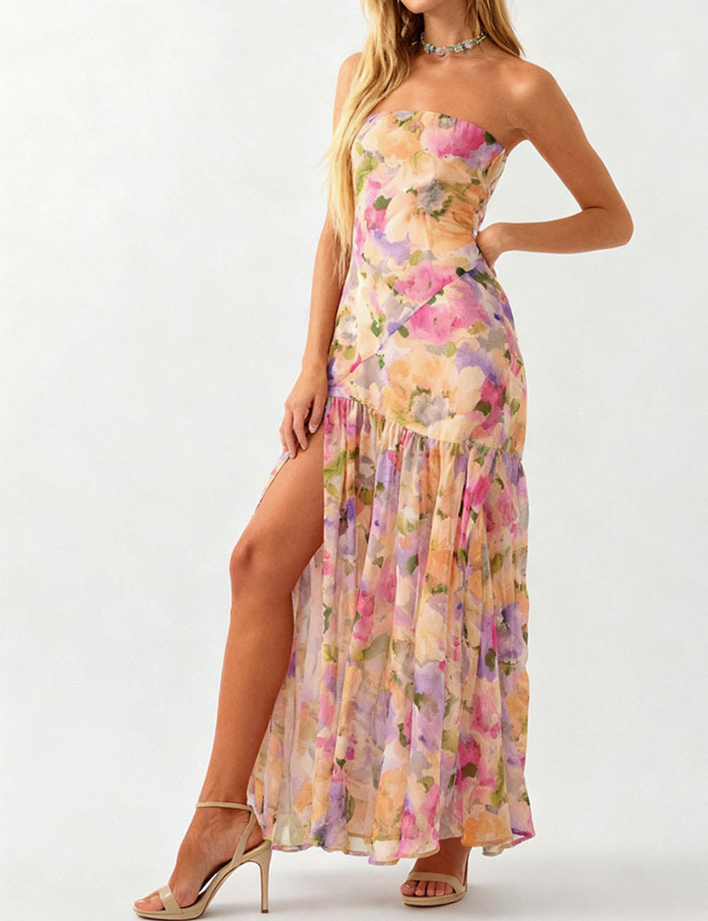 Strapless Watercolor Chiffon Side Slit Maxi Dress