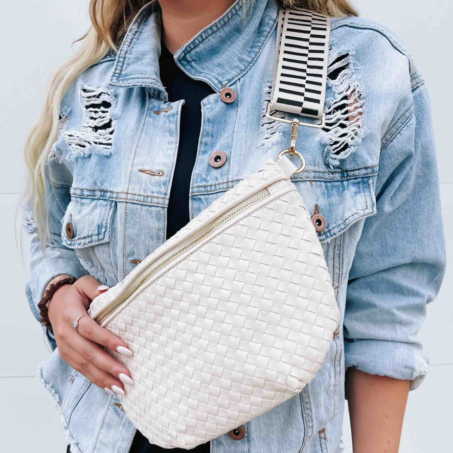 Woven Faux Leather Zip Crossbody Bag