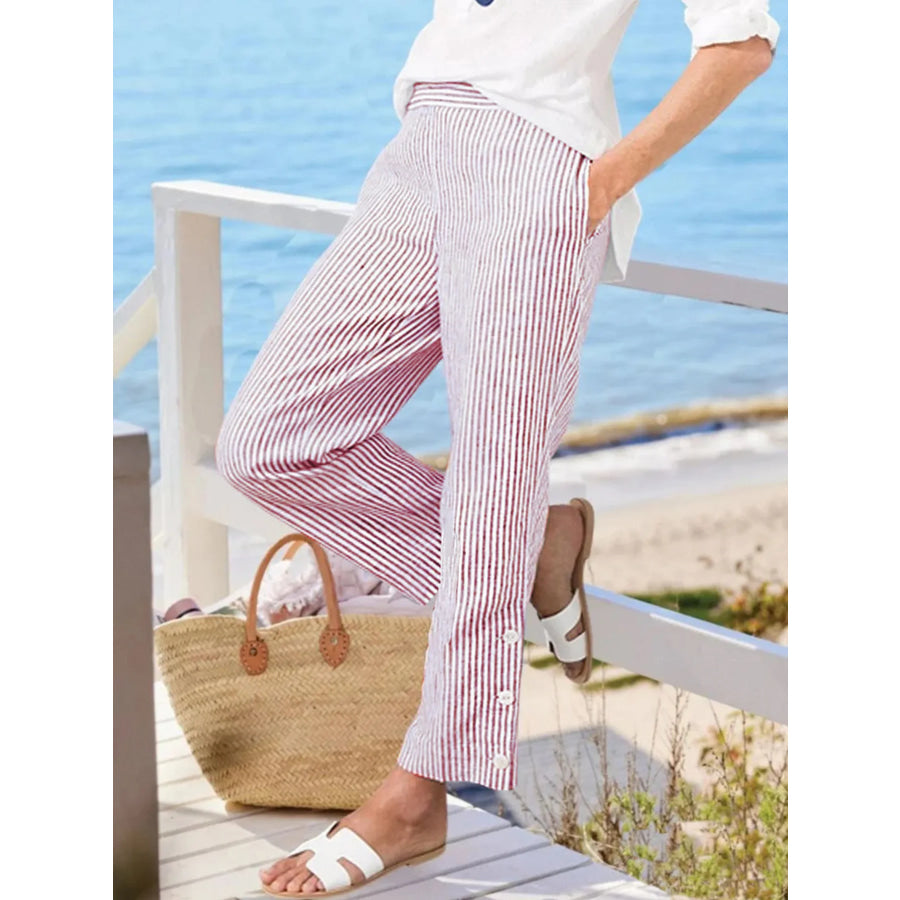 Full Size Striped Side Button Detail Pants Plus Size
