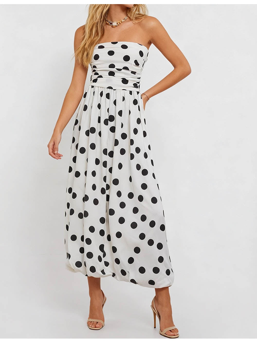 Strapless Polka Dot Smocked Sleeveless Maxi Dress