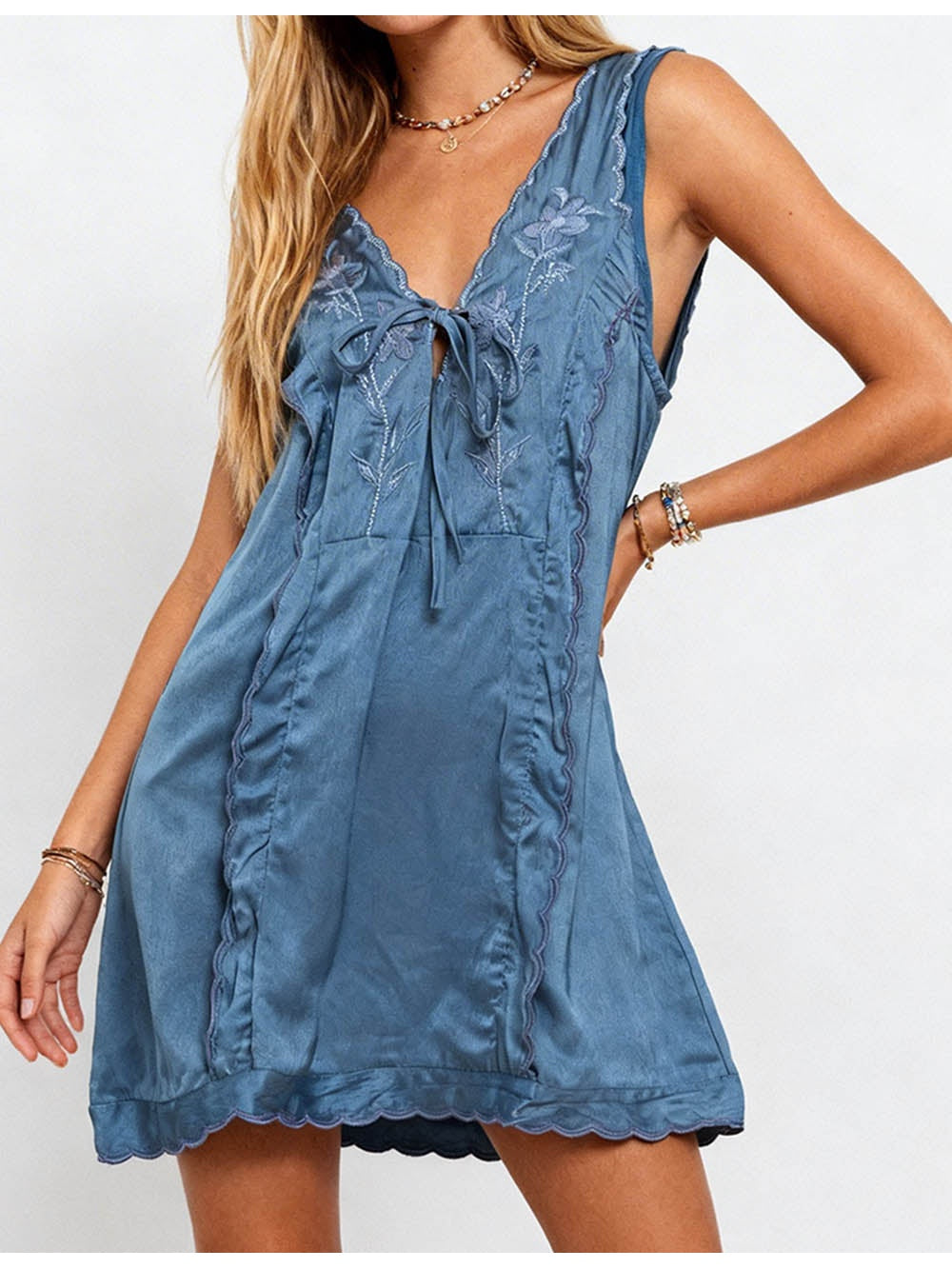 Scalloped Trim Embroidery V Neck Sleeveless Tank Mini Dress