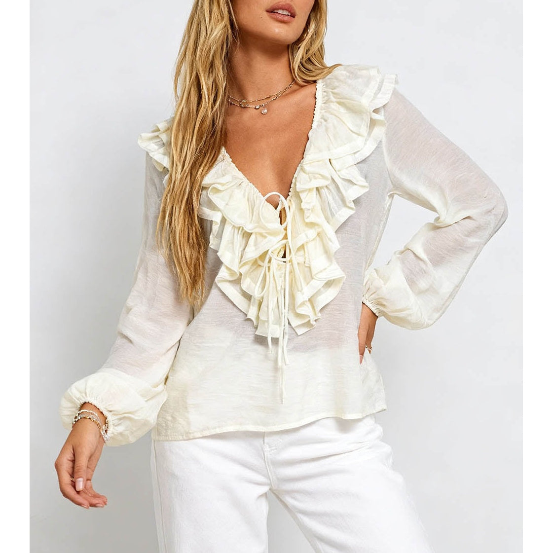 Boho Tiered Ruffle V Neck Front Blouse