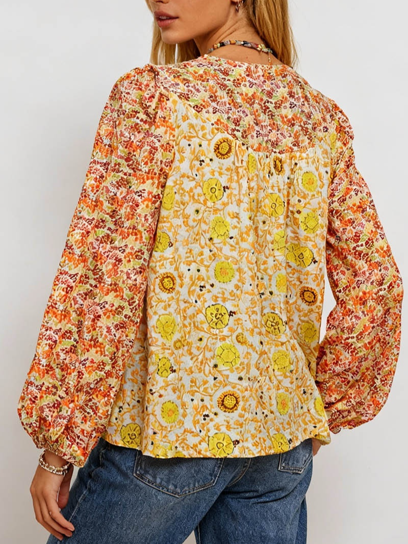 Boho Front Round Neck Long Sleeves Blouse