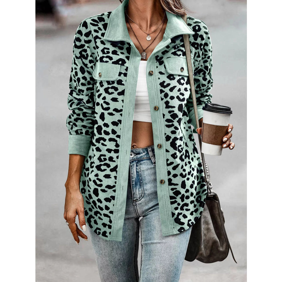 Full Size Leopard Print Button Down Jacket Plus Size
