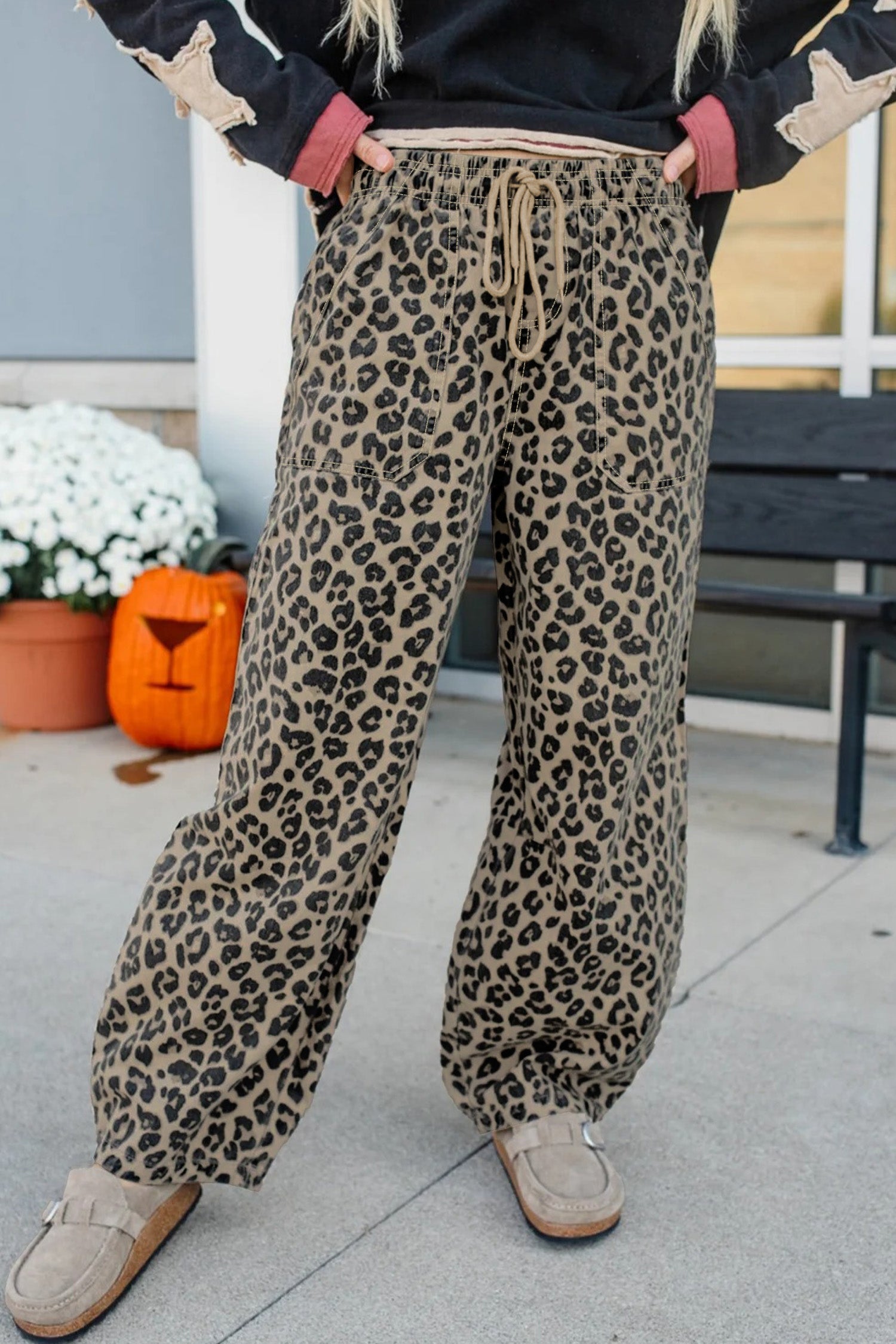 Loose Drawstring Elastic Waist Leopard Print Jeans