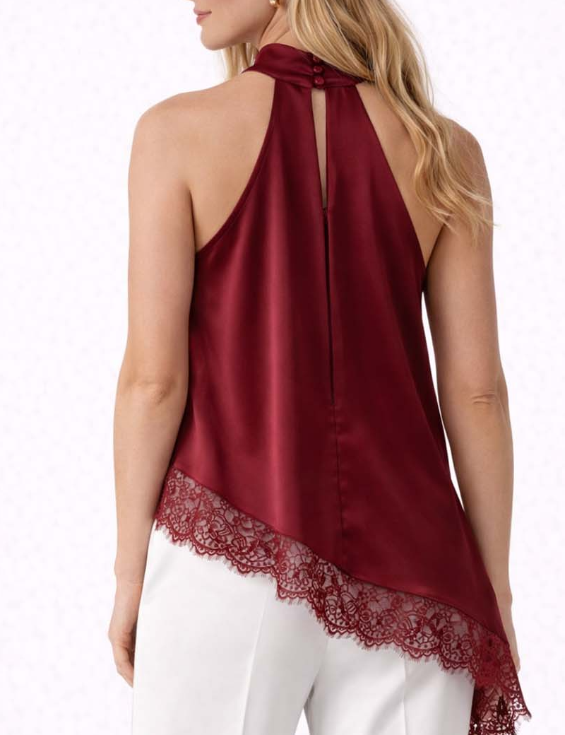 Satin Halter Neck Lace Irregular Hem Sleeveless Top