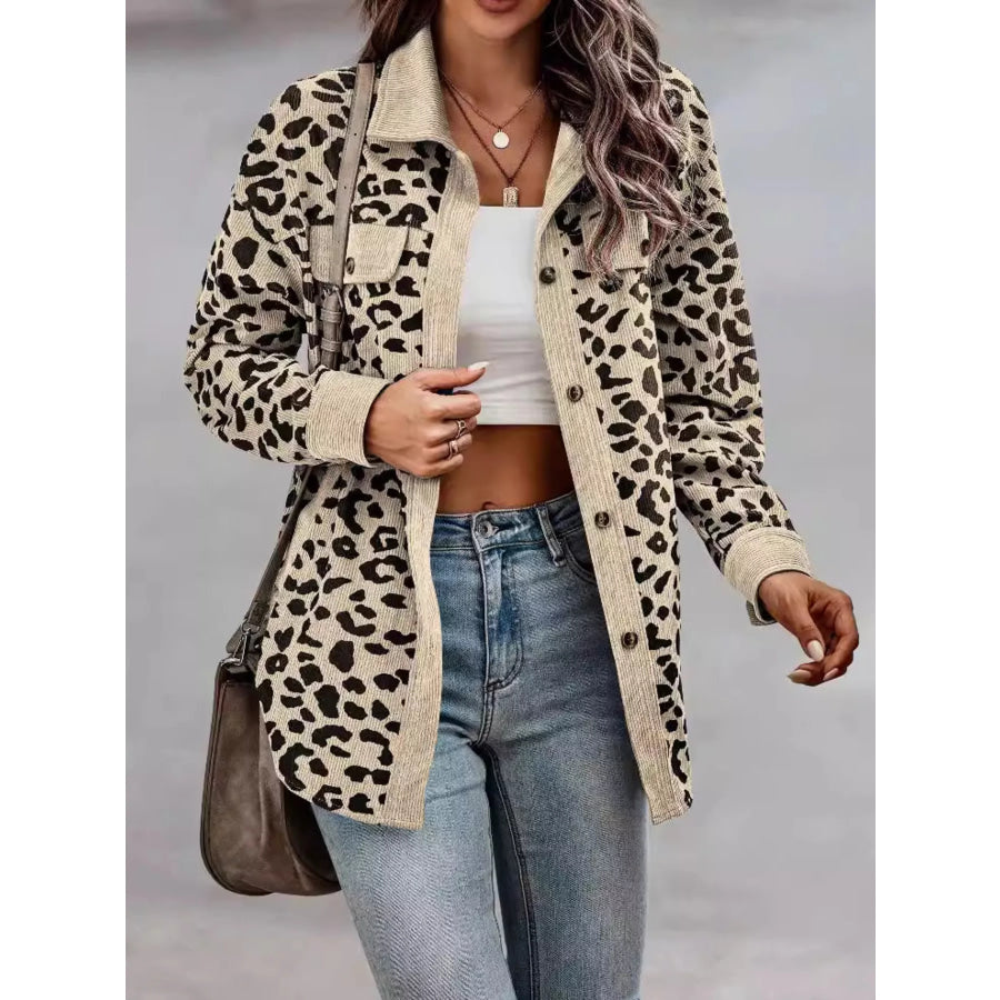 Full Size Leopard Print Button Down Jacket Plus Size