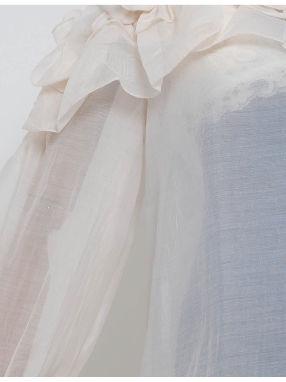 Chic D Irregular Ruffle Sheer Stand Neck Blouse