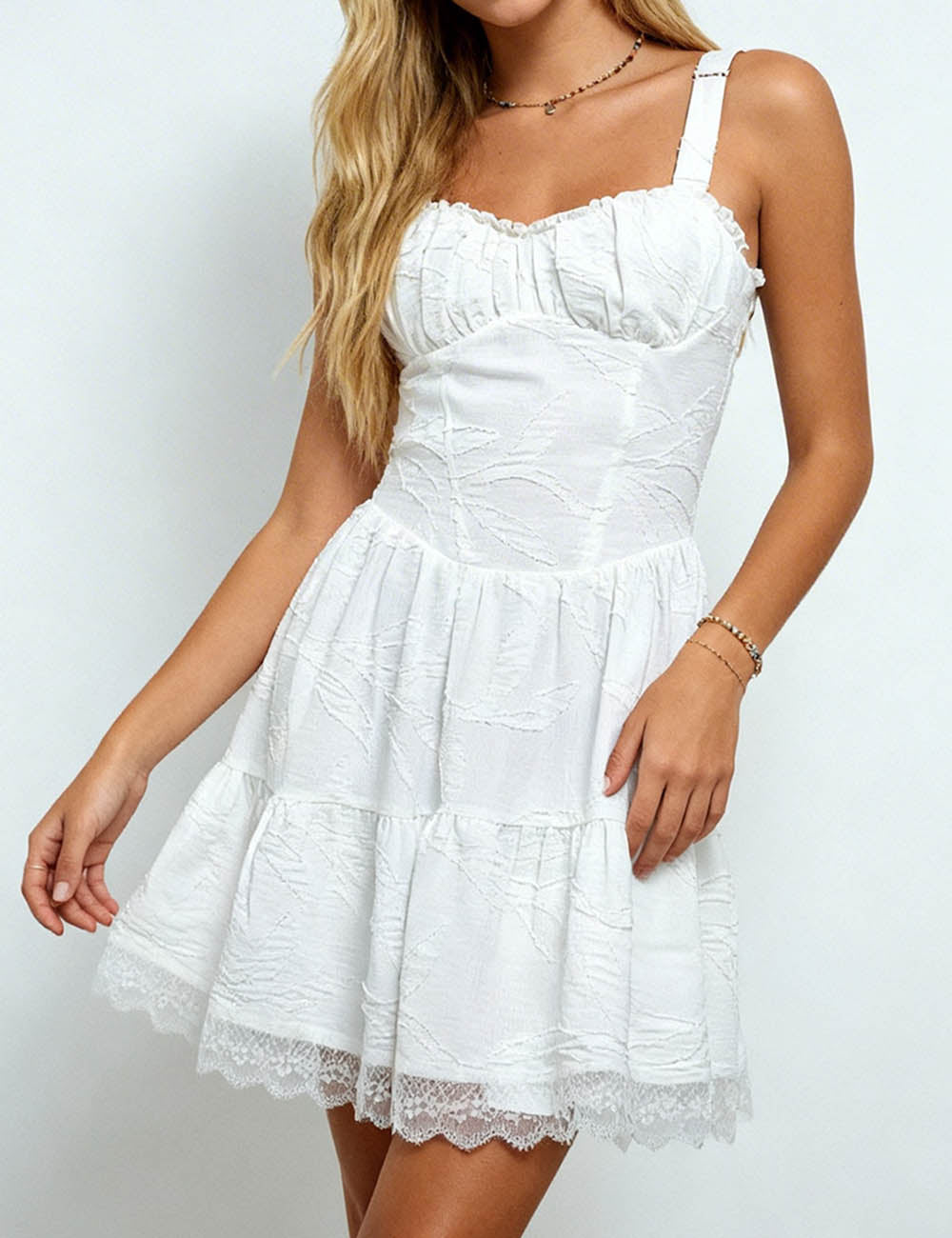 Romantic Lace Trim Square Neck Jacquard Mini Dress