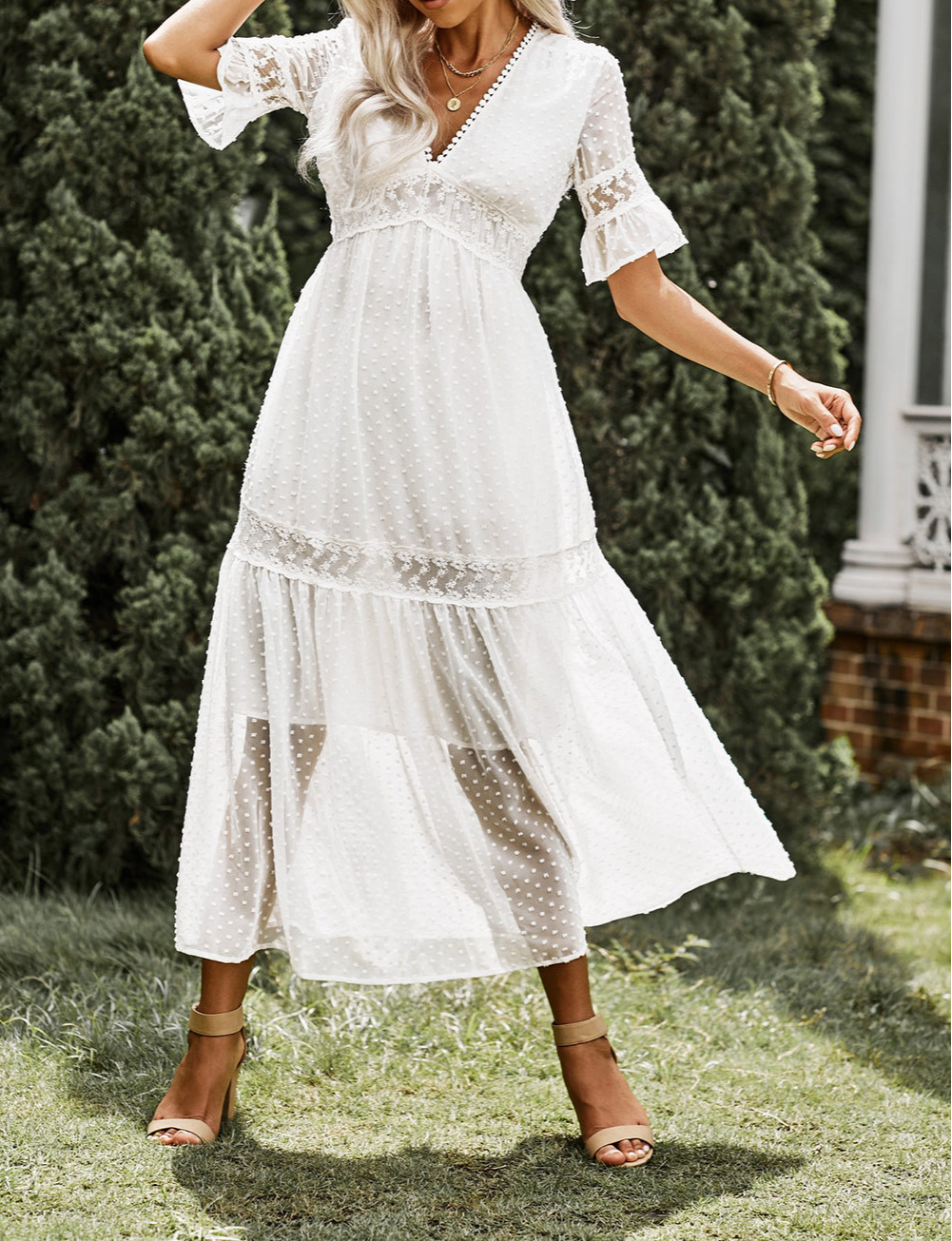 Swiss Dot Lace Trim Maxi Dress